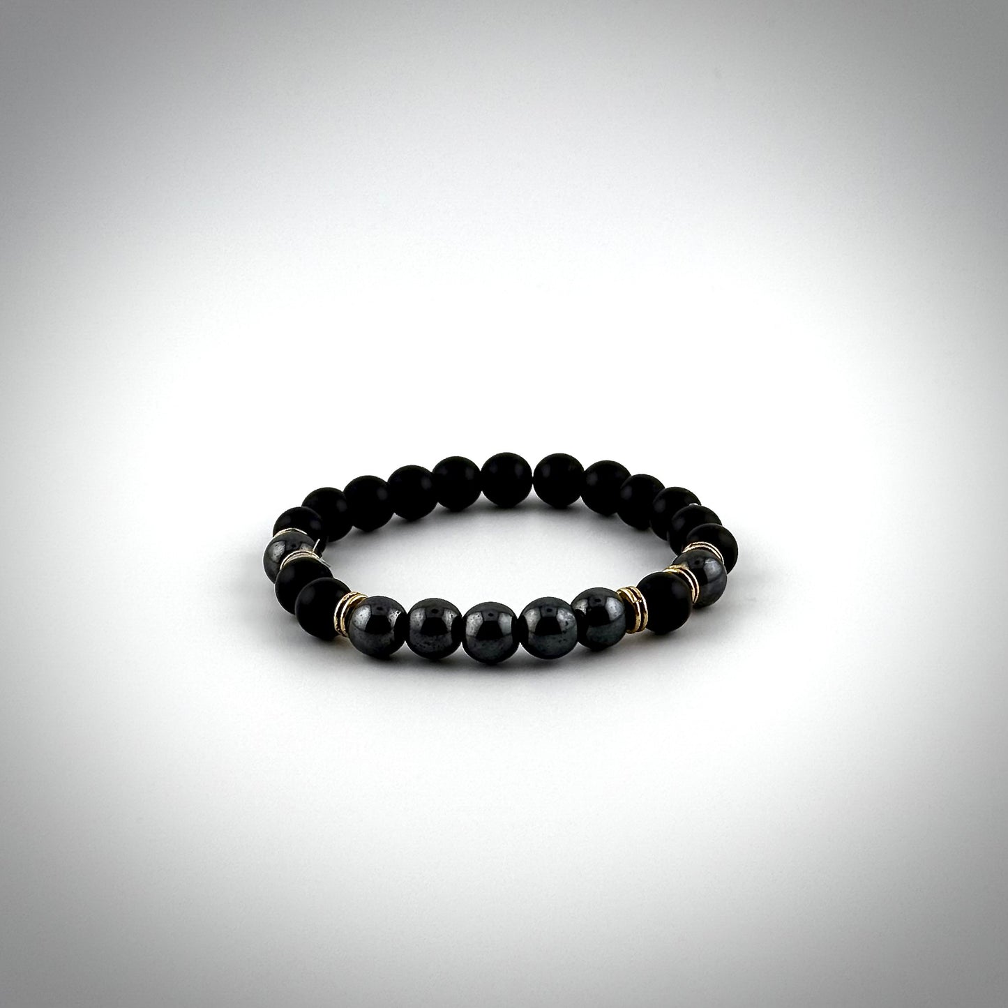 Silver Black Adams - Black Obsidian-Matte and Hematite with Gold Color Metal, Stretchable Bracelet, 8MM Beads, 7.5" Long