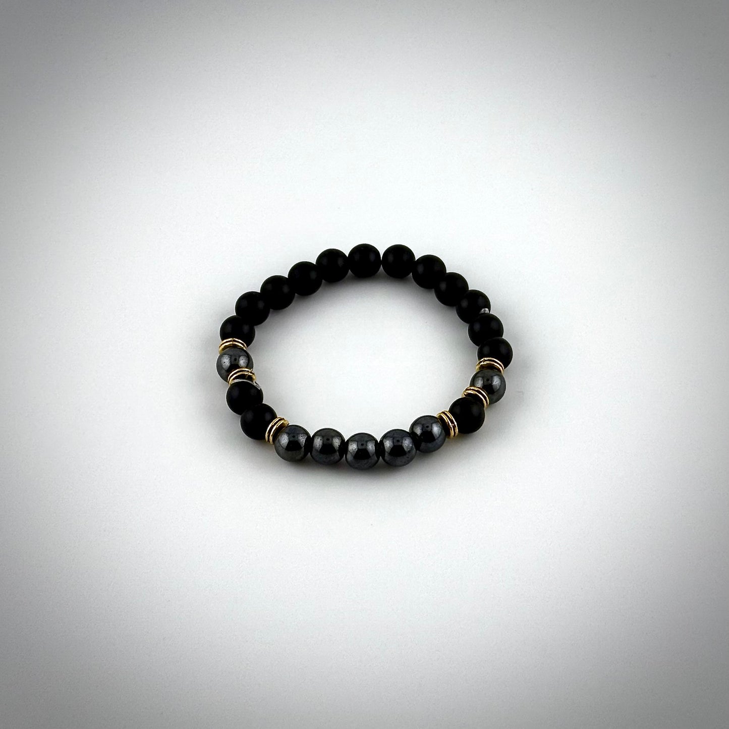 Silver Black Adams - Black Obsidian-Matte and Hematite with Gold Color Metal, Stretchable Bracelet, 8MM Beads, 7.5" Long