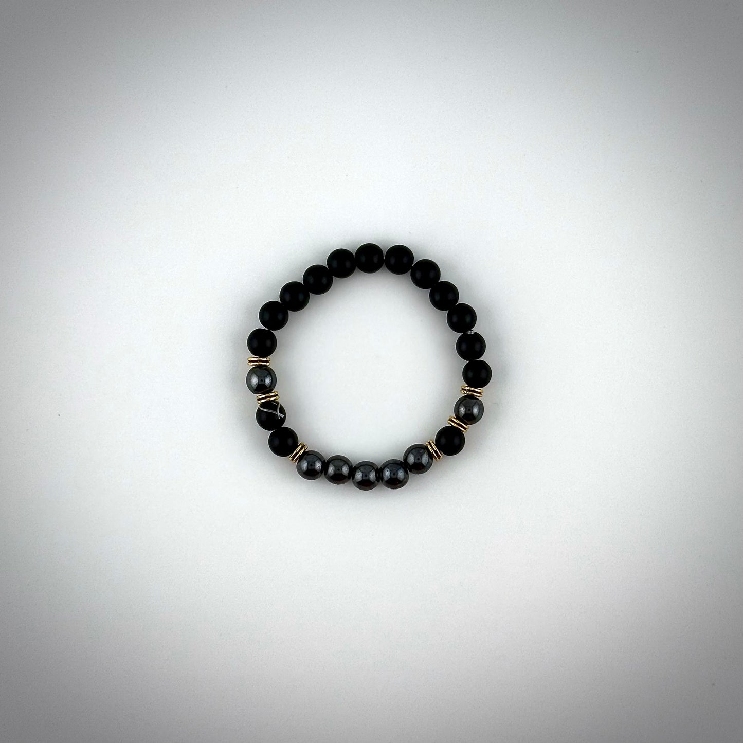 Silver Black Adams - Black Obsidian-Matte and Hematite with Gold Color Metal, Stretchable Bracelet, 8MM Beads, 7.5" Long