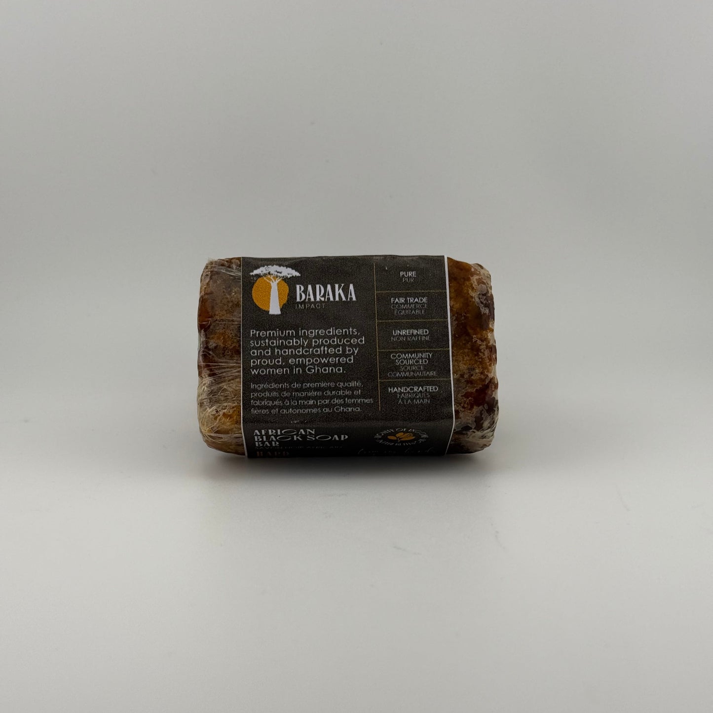 HARD BLACK SOAP BAR ALL-NATURAL INGREDIENTS
Coconut Oil
Shea Butter
Neem Oil
Water
Cocoa & Shea Potash (Lye)
These traditional hand-made bars are individually pressed into traditional molds. The weight varies slightly from 125 grams to 150 grams (4.4 – 5.3 oz).