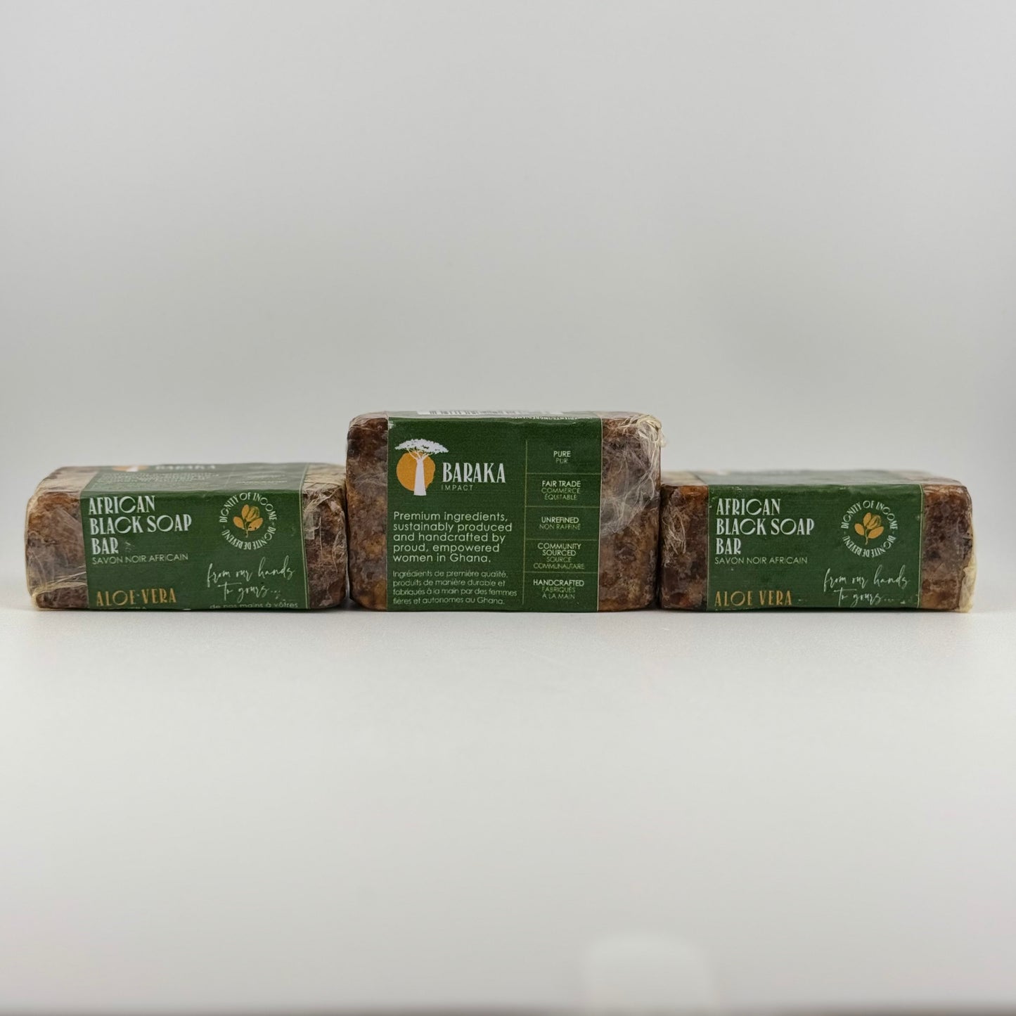 ALOE VERA BLACK SOAP BAR ALL-NATURAL INGREDIENTS
Coconut Oil
Shea Butter
Neem Oil
Water
Cocoa & Shea Potash (Lye)
Aloe Vera
These traditional hand-made bars are individually pressed into traditional molds. The weight varies slightly from 125 grams to 150 grams (4.4 – 5.3 oz).