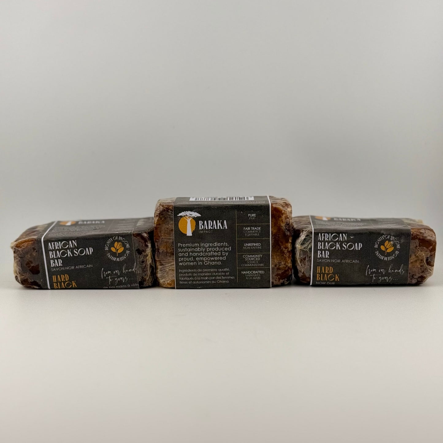 HARD BLACK SOAP BAR ALL-NATURAL INGREDIENTS
Coconut Oil
Shea Butter
Neem Oil
Water
Cocoa & Shea Potash (Lye)
These traditional hand-made bars are individually pressed into traditional molds. The weight varies slightly from 125 grams to 150 grams (4.4 – 5.3 oz).