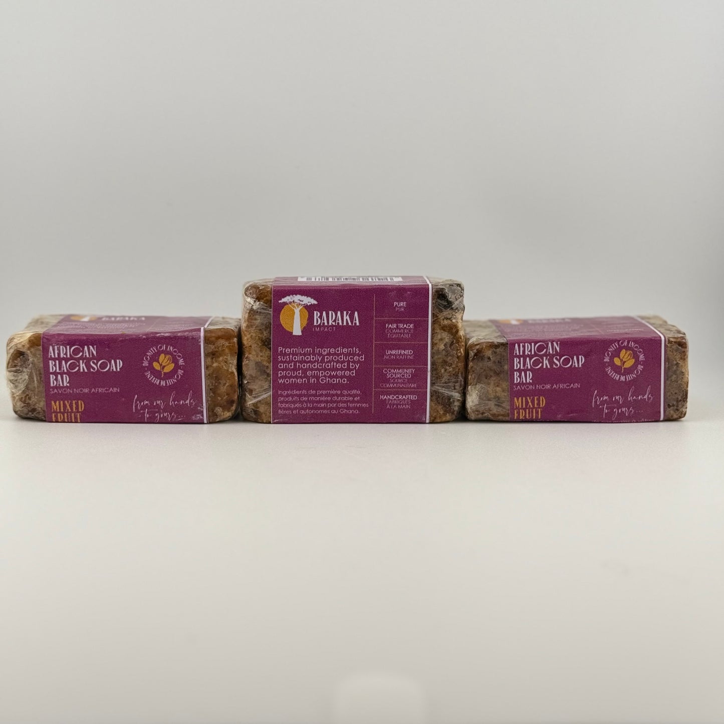 Mixed Fruit Black Soap Bar with Shea Butter and Nutrient-Rich Oils
Experience the essence of traditional skincare with our Black Soap, a harmonious blend infused with Shea Butter, Coconut Oil, Apricot Kernel Oil, Sweet Almond Oil, Neem Oil, and kale.
Originating from the heart of Ghana, this soap is handmade and ethically sourced, reflecting the dedication of the skilled artisans who craft it and supporting community development.
Key Skincare Benefits:
Deep Cleansing: Black Soap naturally and effectivel