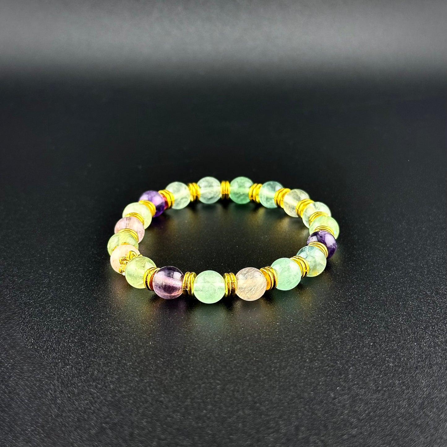 Paradise Stones- Rainbow Fluorite/Rose Quartz Center (Center) /Gold color Metal Beads 8MM beads, 7.5 Inches Long