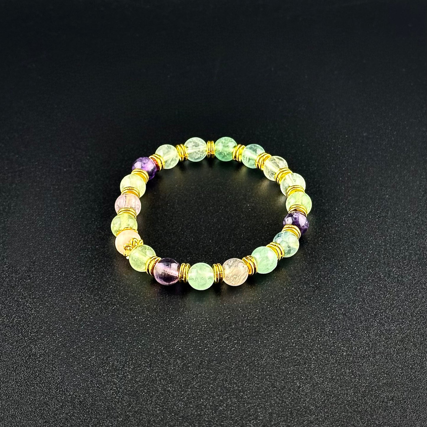 Paradise Stones- Rainbow Fluorite/Rose Quartz Center (Center) /Gold color Metal Beads 8MM beads, 7.5 Inches Long