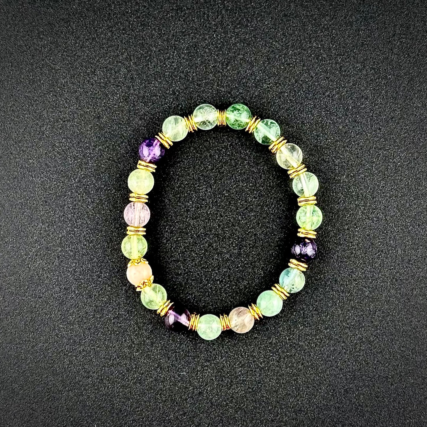 Paradise Stones- Rainbow Fluorite/Rose Quartz Center (Center) /Gold color Metal Beads 8MM beads, 7.5 Inches Long