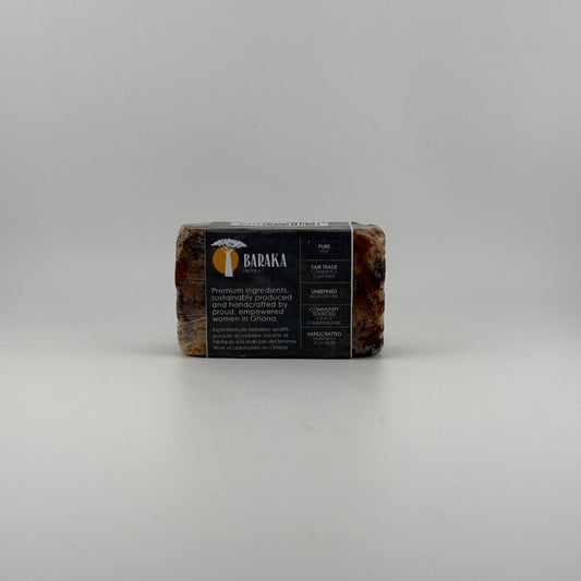 HARD BLACK SOAP BAR ALL-NATURAL INGREDIENTS

Coconut Oil
Shea Butter
Neem Oil
Water
Cocoa & Shea Potash (Lye)
These traditional hand-made bars are individually pressed into traditional molds. The weight varies slightly from 125 grams to 150 grams (4.4 – 5.3 oz).