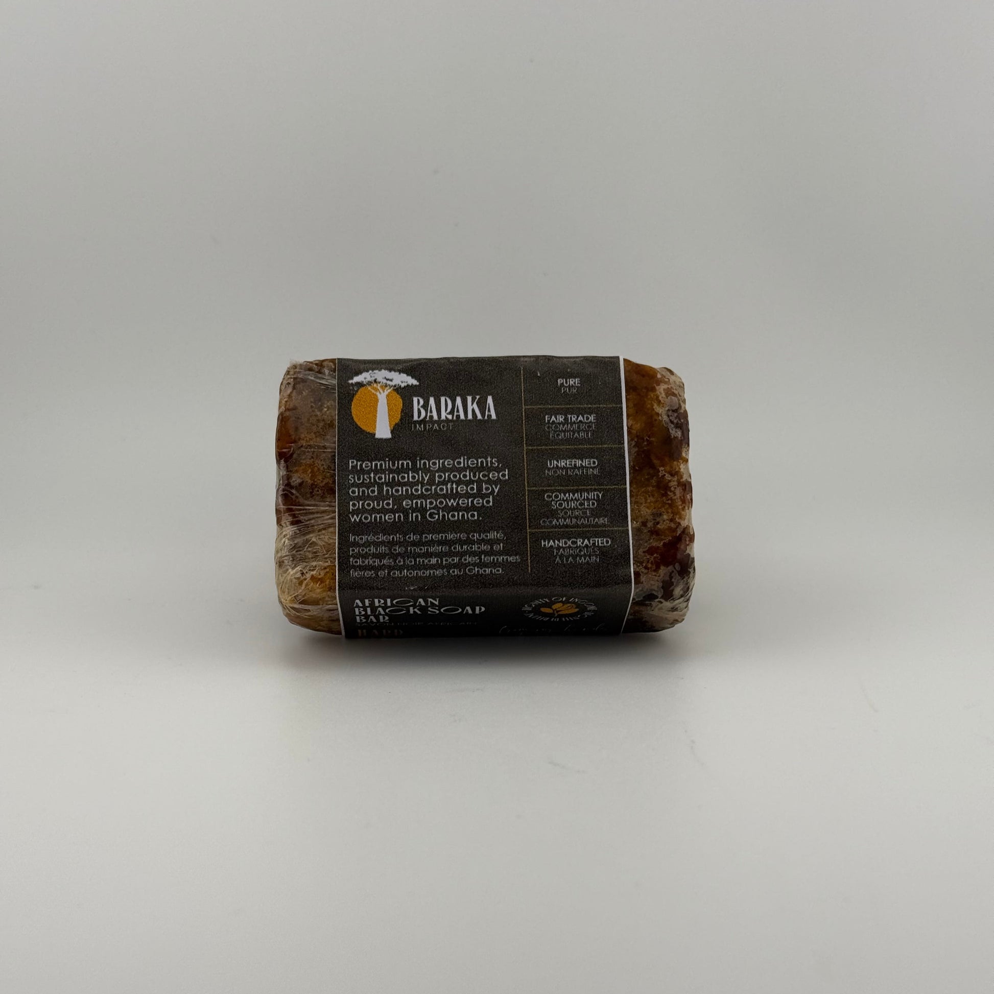 HARD BLACK SOAP BAR ALL-NATURAL INGREDIENTS

Coconut Oil
Shea Butter
Neem Oil
Water
Cocoa & Shea Potash (Lye)
These traditional hand-made bars are individually pressed into traditional molds. The weight varies slightly from 125 grams to 150 grams (4.4 – 5.3 oz).