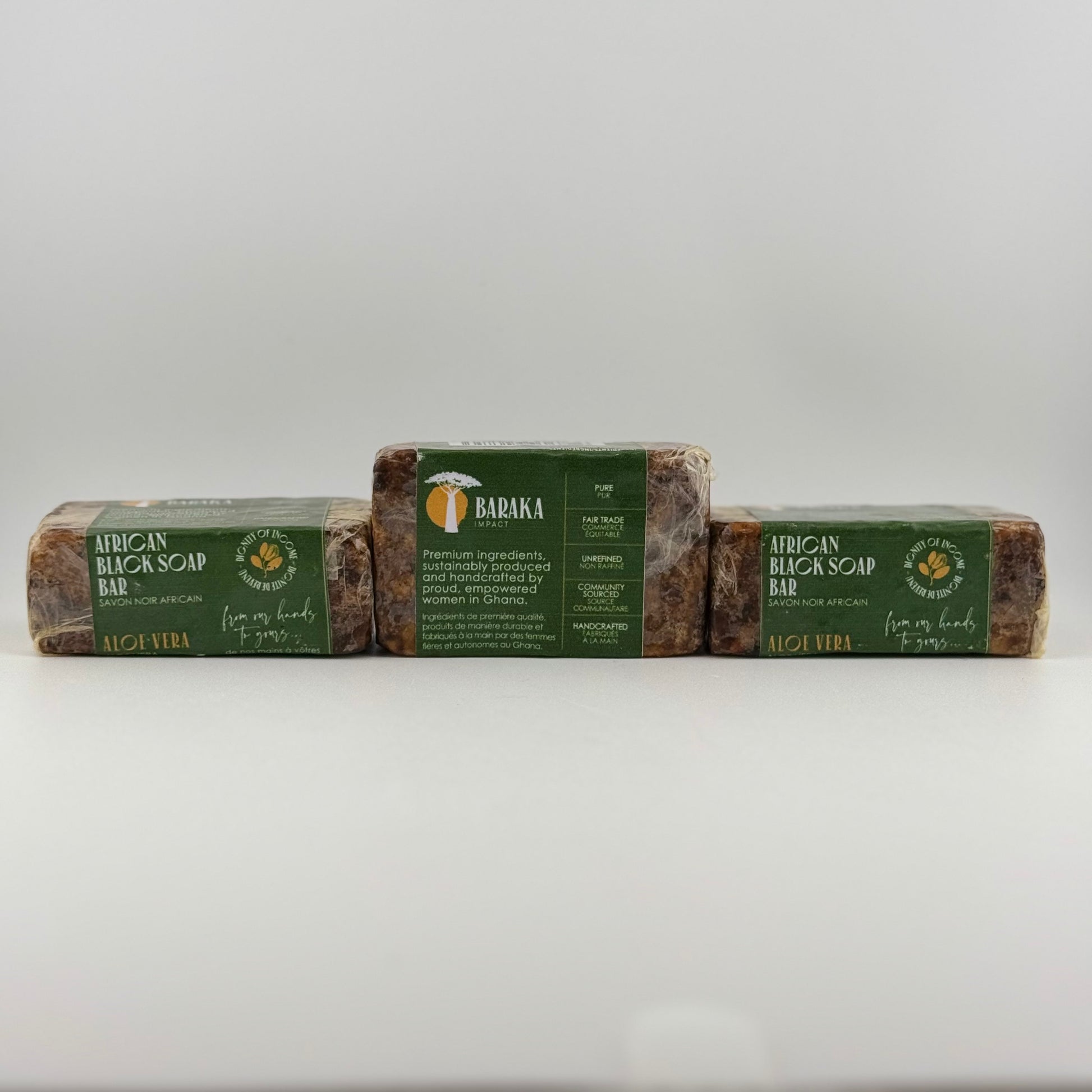 ALOE VERA BLACK SOAP BAR ALL-NATURAL INGREDIENTS

Coconut Oil
Shea Butter
Neem Oil
Water
Cocoa & Shea Potash (Lye)
Aloe Vera
These traditional hand-made bars are individually pressed into traditional molds. The weight varies slightly from 125 grams to 150 grams (4.4 – 5.3 oz).