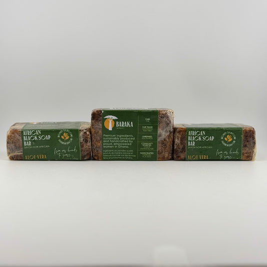 ALOE VERA BLACK SOAP BAR ALL-NATURAL INGREDIENTS

Coconut Oil
Shea Butter
Neem Oil
Water
Cocoa & Shea Potash (Lye)
Aloe Vera
These traditional hand-made bars are individually pressed into traditional molds. The weight varies slightly from 125 grams to 150 grams (4.4 – 5.3 oz).