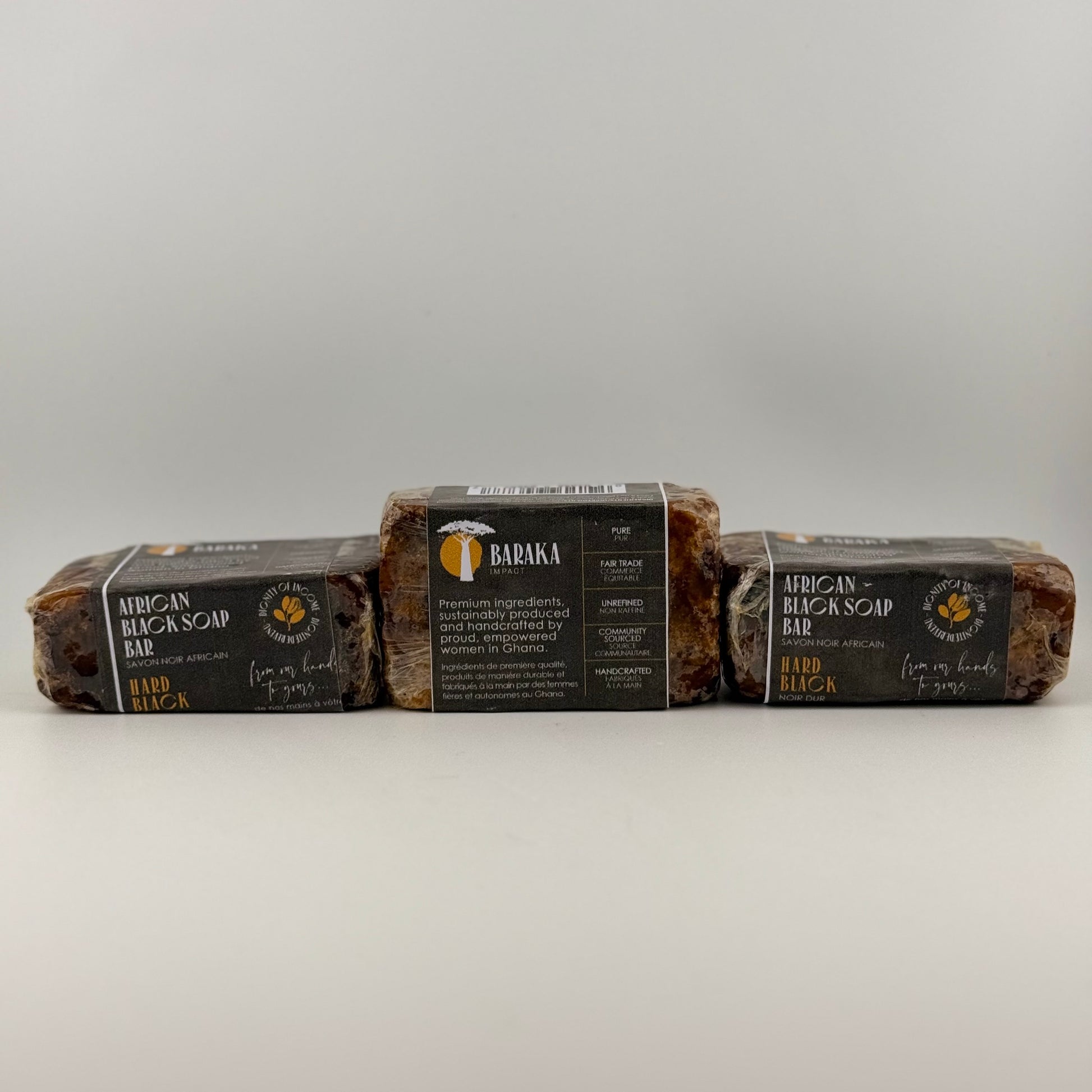 HARD BLACK SOAP BAR ALL-NATURAL INGREDIENTS

Coconut Oil
Shea Butter
Neem Oil
Water
Cocoa & Shea Potash (Lye)
These traditional hand-made bars are individually pressed into traditional molds. The weight varies slightly from 125 grams to 150 grams (4.4 – 5.3 oz).