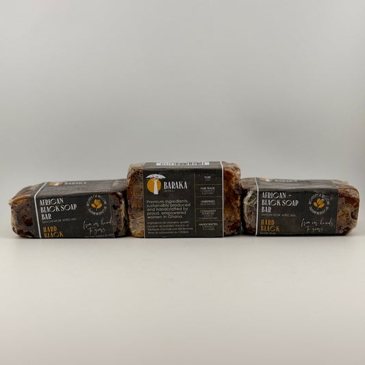 HARD BLACK SOAP BAR ALL-NATURAL INGREDIENTS

Coconut Oil
Shea Butter
Neem Oil
Water
Cocoa & Shea Potash (Lye)
These traditional hand-made bars are individually pressed into traditional molds. The weight varies slightly from 125 grams to 150 grams (4.4 – 5.3 oz).