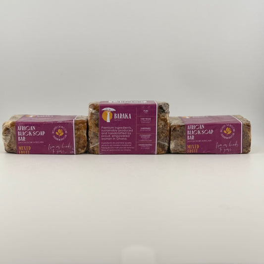 Mixed Fruit Black Soap Bar with Shea Butter and Nutrient-Rich Oils

Experience the essence of traditional skincare with our Black Soap, a harmonious blend infused with Shea Butter, Coconut Oil, Apricot Kernel Oil, Sweet Almond Oil, Neem Oil, and kale.

Originating from the heart of Ghana, this soap is handmade and ethically sourced, reflecting the dedication of the skilled artisans who craft it and supporting community development.

Key Skincare Benefits:

Deep Cleansing: Black Soap naturally and effectivel